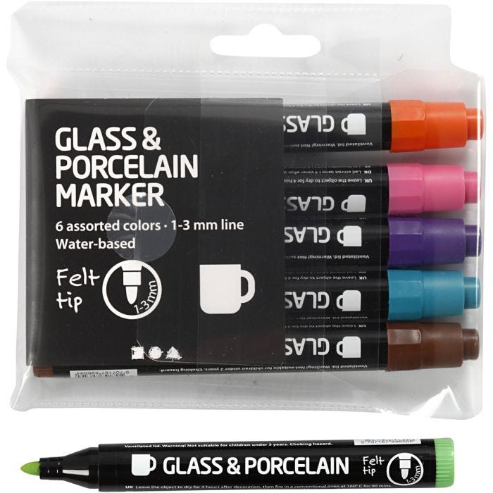 Glas- en Porseleinstiften, lijndikte 1-3 mm, semi-dekkend, extra kleuren, 6 stuk/ 1 doos