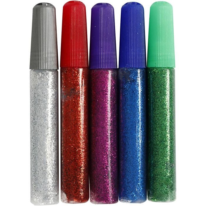 Glitterlijm, diverse kleuren, 5x10ml/ 1 doos
