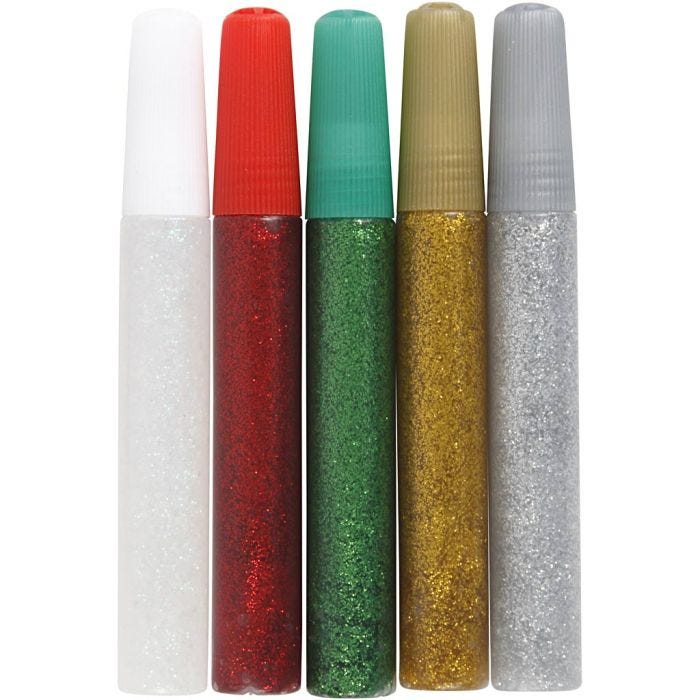Glitterlijm, diverse kleuren, 5x10ml/ 1 doos