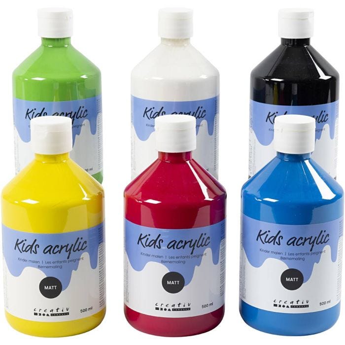 Acrylverf Mat, primair kleuren, 6x500 ml/ 1 doos