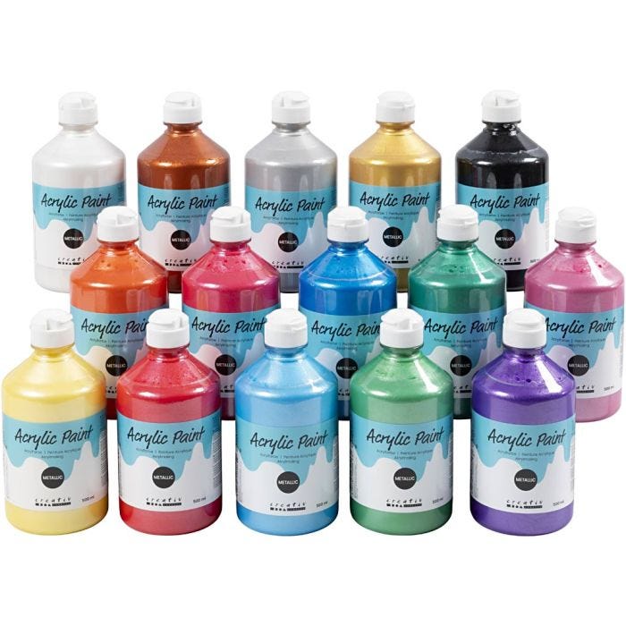 Acrylverf Metallic, metallic, diverse kleuren, 15x500 ml/ 1 karton