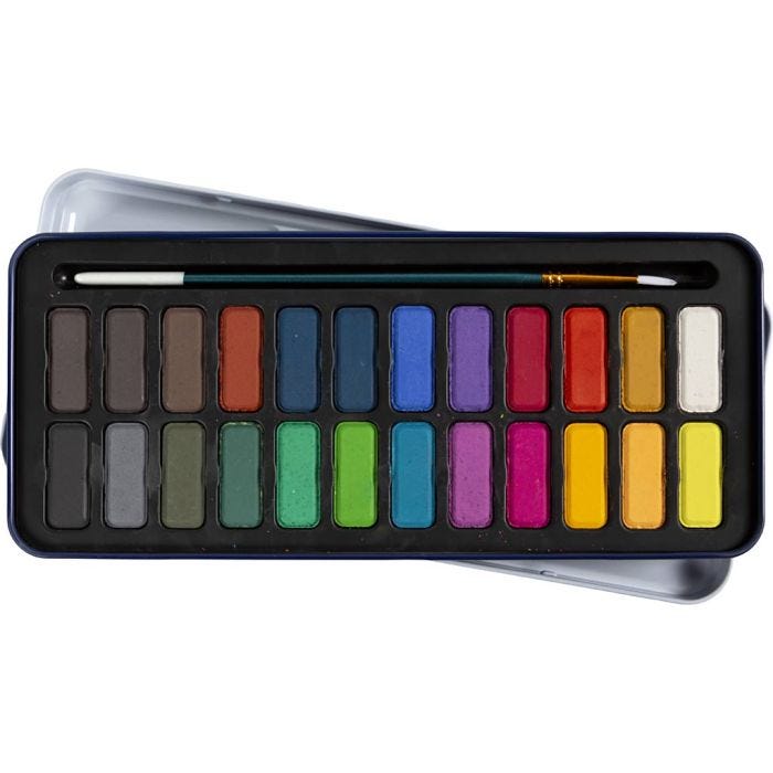 Aquarelset, afm 12x30 mm, diverse kleuren, 24 kleur/ 1 doos