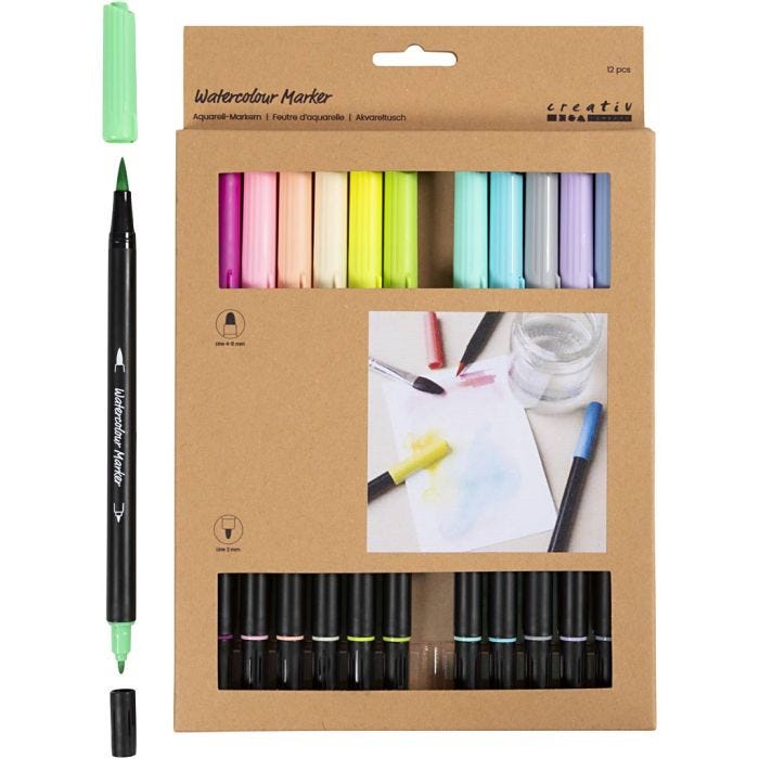 Aquarelmarker, Pastel, lijndikte 2+4-8 mm, diverse kleuren, 12stuk/ 1 doos