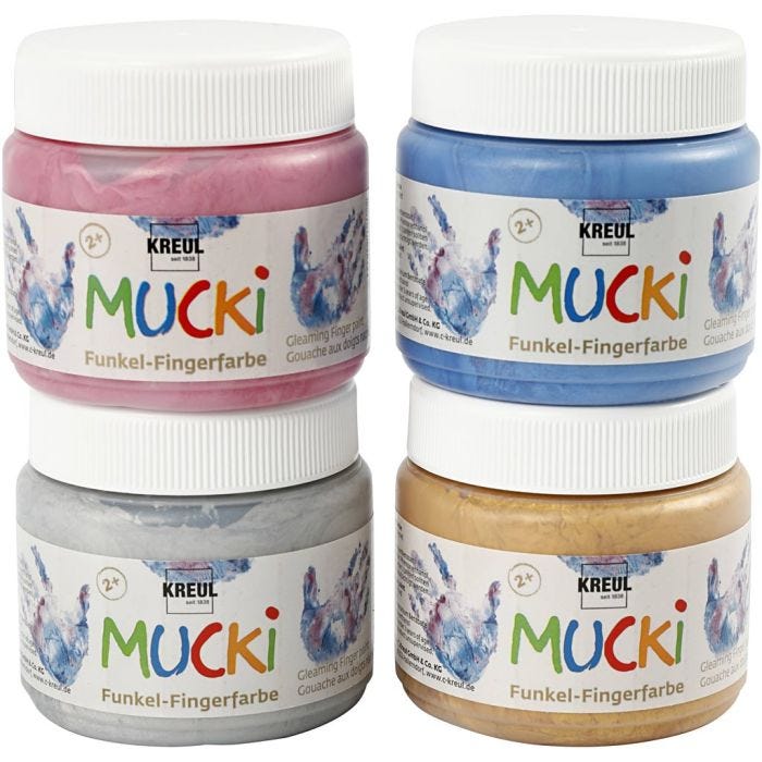 Mucki Vingerverf, metallic blauw, goud metallic, metallic roze, zilver metallic, 4x150ml/ 1 doos