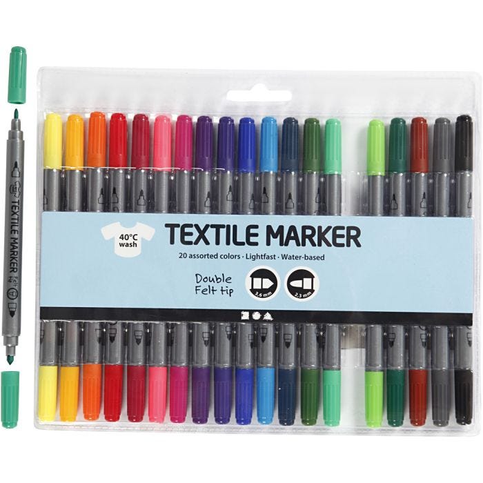 Textielstiften, lijndikte 2,3+3,6 mm, standaardkleuren, 20stuk/ 1 doos