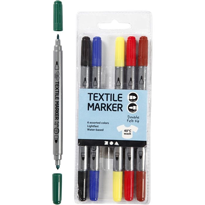 Textielstiften, lijndikte 2,3+3,6 mm, standaardkleuren, 6stuk/ 1 doos