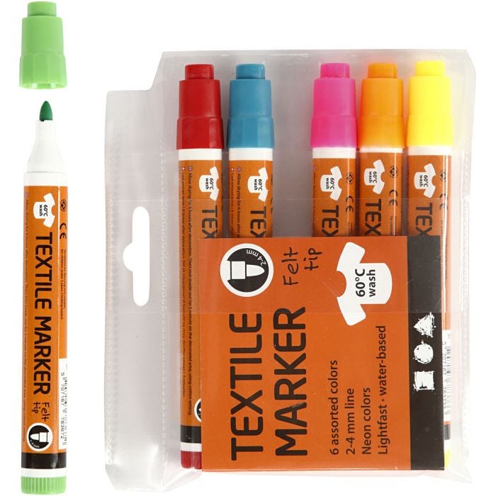 Textielstiften, lijndikte 2-4 mm, neon kleuren, 6stuk/ 1 doos