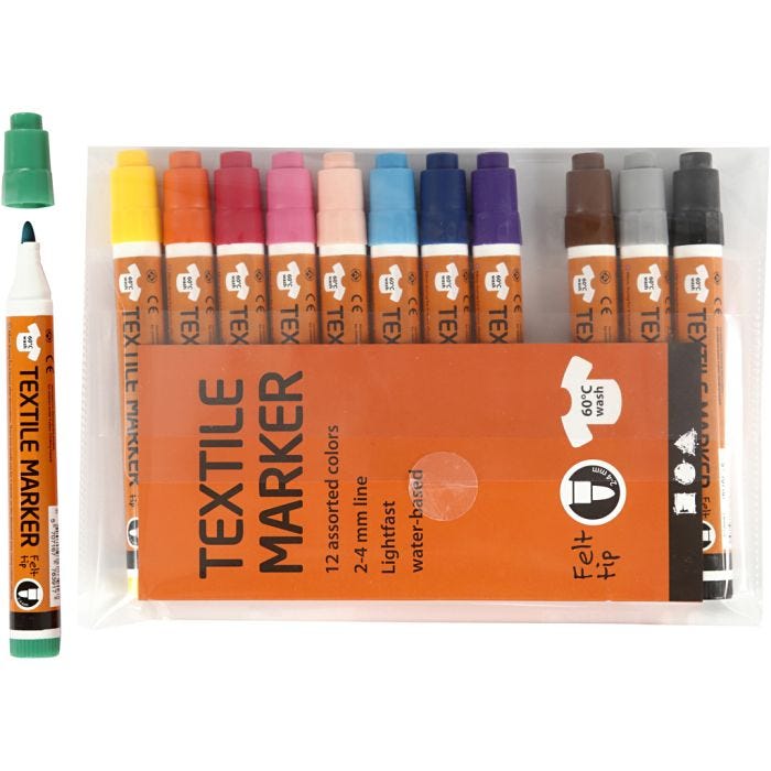 Textielstiften, lijndikte 2-4 mm, diverse kleuren, 12stuk/ 1 doos