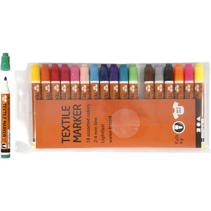 Textielstiften, lijndikte 2-4 mm, diverse kleuren, 18stuk/ 1 doos