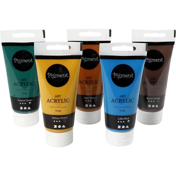 Acryl Verf, Natuurlijke kleuren, semi-glanzend, diverse kleuren, 5x75 ml/ 1 doos