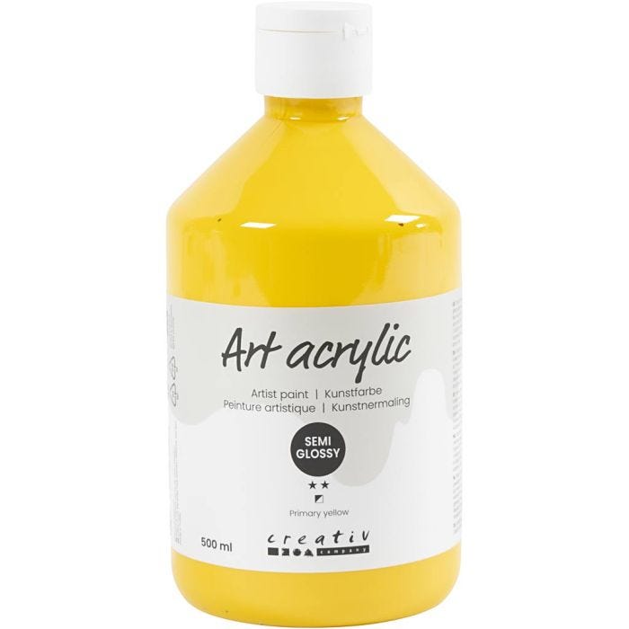 Acryl Verf, semi-glanzend, transparant, primair geel, 500 ml/ 1 fles