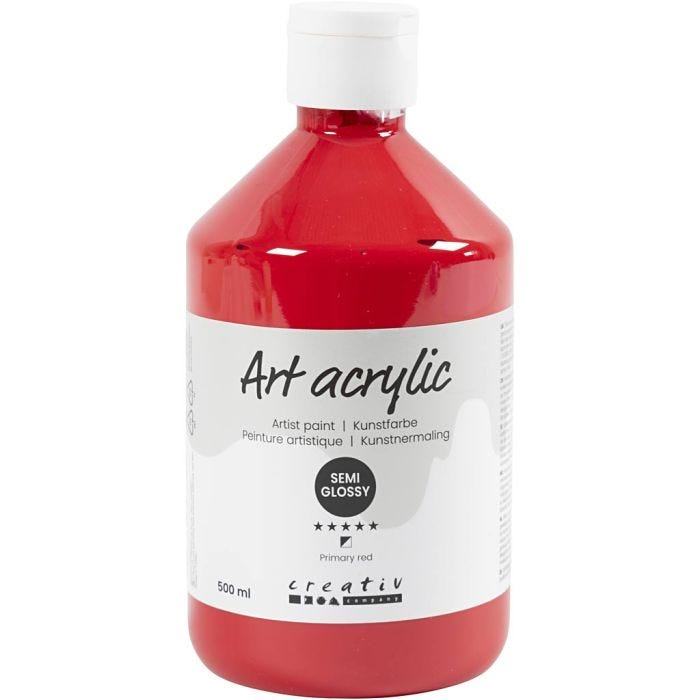 Acryl Verf, semi-glanzend, semi-transparant, primair rood, 500 ml/ 1 fles