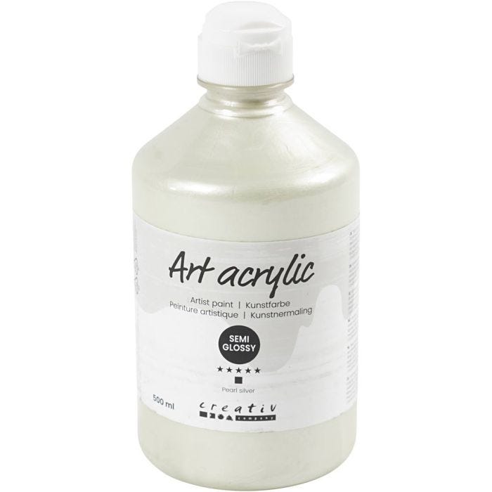 Acryl Verf, semi-glanzend, dekkend, pearl silver, 500 ml/ 1 fles
