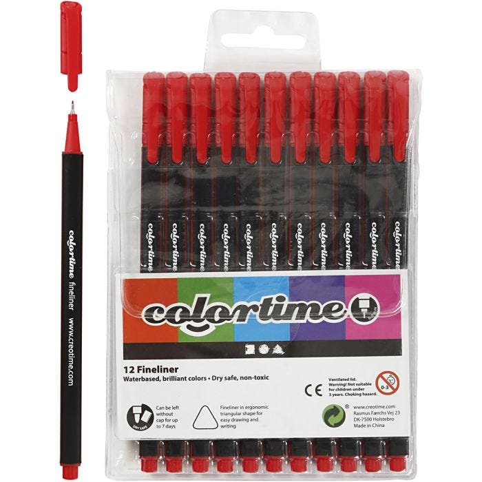 Colortime fineliners, lijndikte 0,6-0,7 mm, rood, 12stuk/ 1 doos