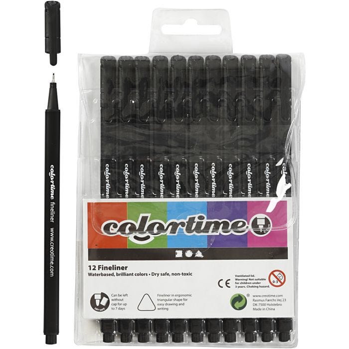 Colortime fineliners, lijndikte 0,6-0,7 mm, zwart, 12stuk/ 1 doos
