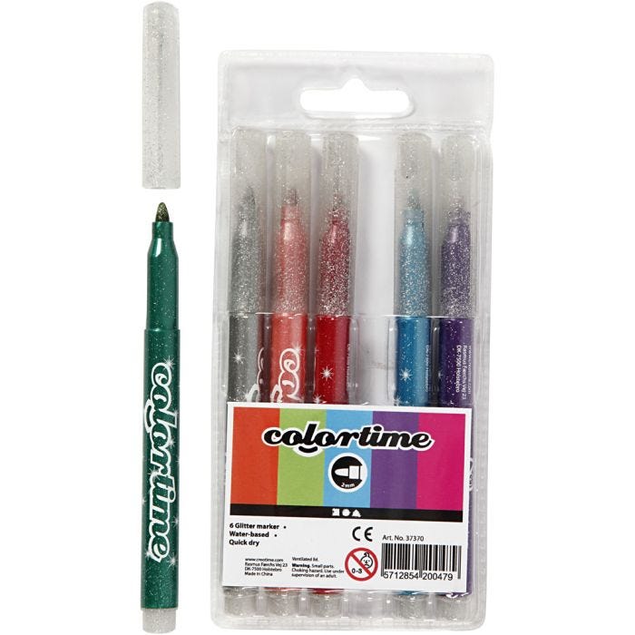 Colortime Glitterstiften, lijndikte 2 mm, diverse kleuren, 6 stuk/ 1 doos
