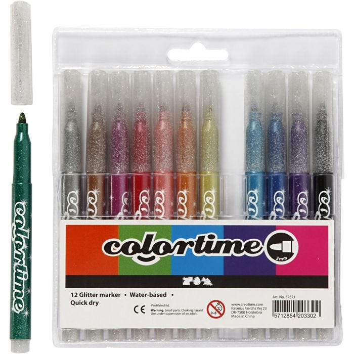 Colortime Glitterstiften, lijndikte 2 mm, diverse kleuren, 12 stuk/ 1 doos