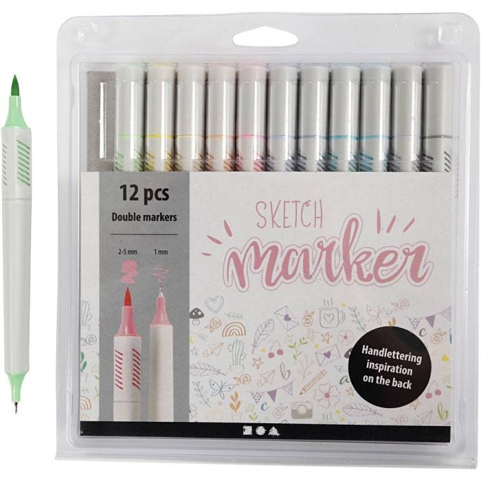 Tekenstiften, lijndikte 1+2-5 mm, pastelkleuren, 12 stuk/ 1 doos