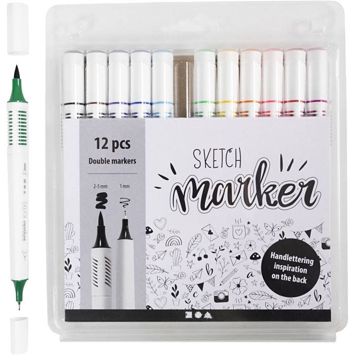 Tekenstiften, lijndikte 1+2-5 mm, standaardkleuren, 12stuk/ 1 doos
