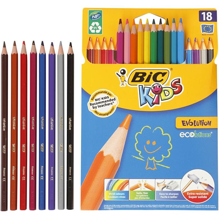 BIC Evolution Kleurpotloden, zeskantig, L: 17,5 cm, vulling 3 mm, diverse kleuren, 18 stuk/ 1 doos