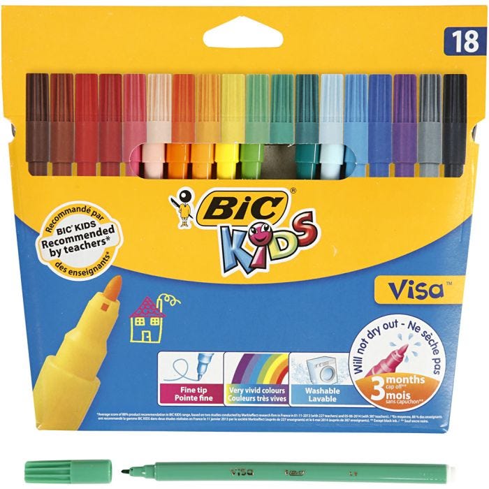 BIC Visa Fijne Kleurstiften, lijndikte 1,6 mm, diverse kleuren, 18 stuk/ 1 doos