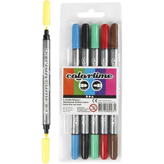 Colortime Dubbelstift, lijndikte 2,3+3,6 mm, standaardkleuren, 6stuk/ 1 doos