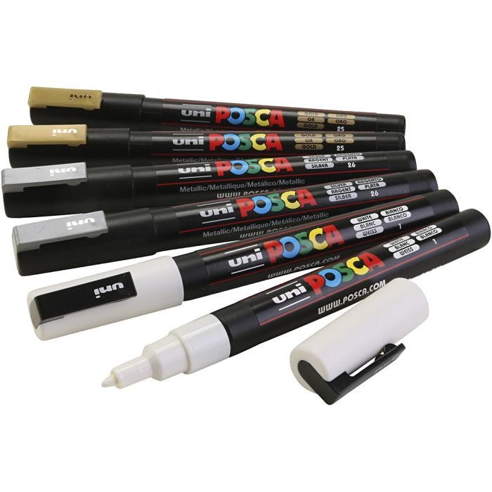 Posca Marker, afm PC-3M, lijndikte 0,9-1,3 mm, goud, zilver, wit, 6 div/ 1 doos