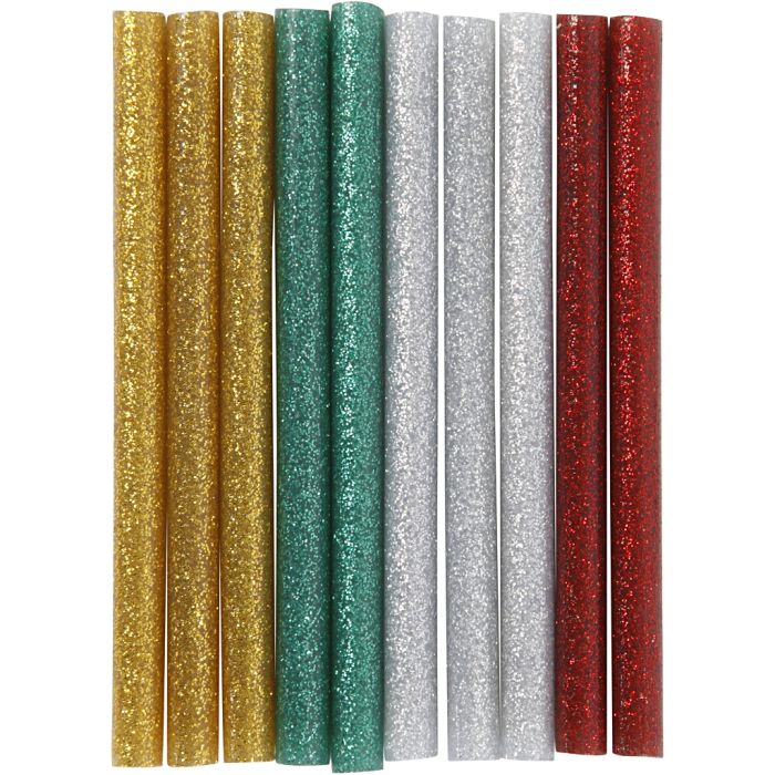 Lijmstiften Mini, L: 10 cm, d 7 mm, glitter, goud, groen, rood, zilver, 10 stuk/ 1 doos