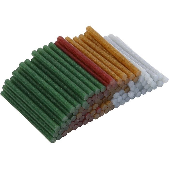 Lijmstiften Mini, L: 10 cm, d 7 mm, glitter, goud, groen, rood, zilver, 100 stuk/ 1 doos