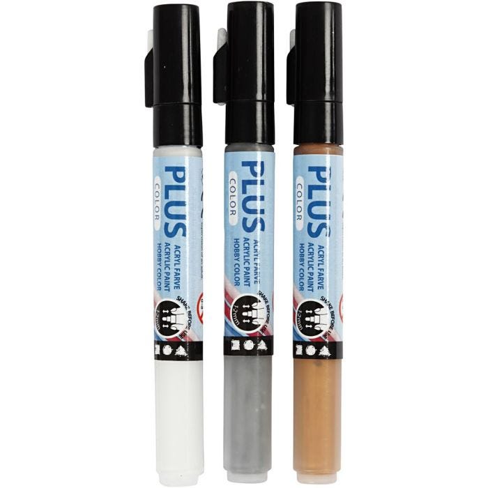 Plus Color Marker, L: 14,5 cm, lijndikte 1-2 mm, goud, zilver, off-white, 5,5 ml, 3 stuk/ 1 doos