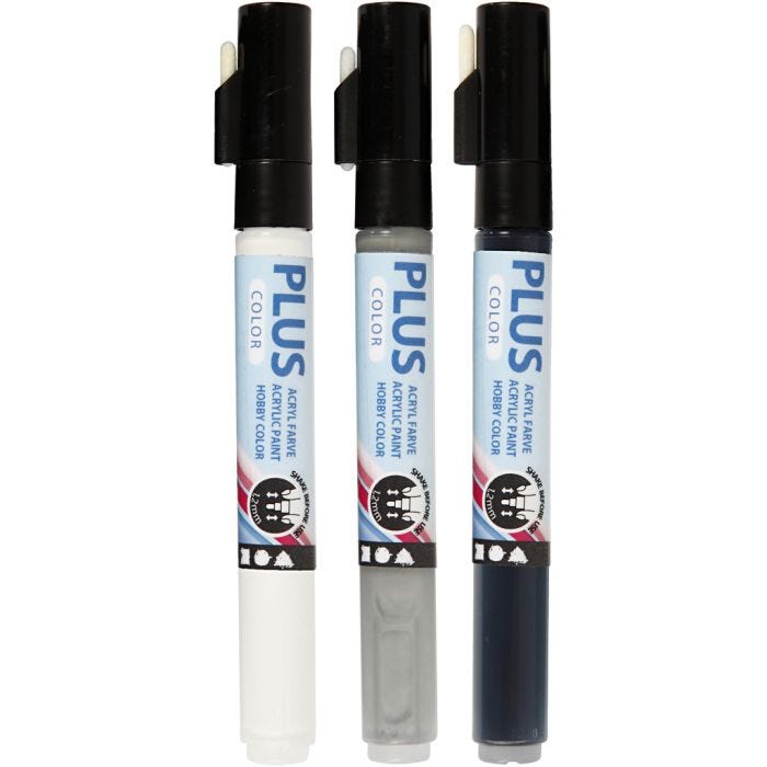 Plus Color Marker, L: 14,5 cm, lijndikte 1-2 mm, zwart, off-white, rain grey, 5,5 ml, 3 stuk/ 1 doos