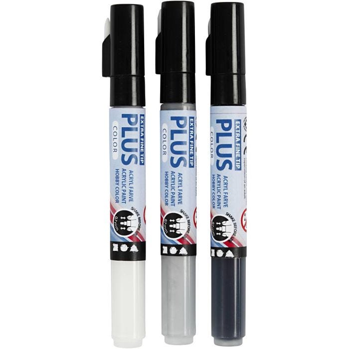 Plus Color Marker, L: 14,5 cm, lijndikte 0,7 mm, zwart, off-white, rain grey, 5,5 ml, 3 stuk/ 1 doos