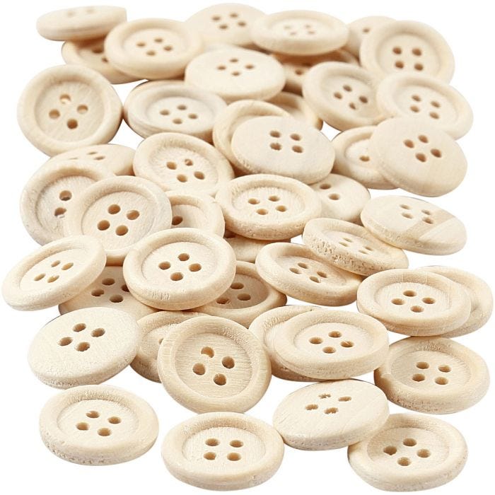 Houten knopen, d 15 mm, 4 gaten, 50stuk/ 1 doos