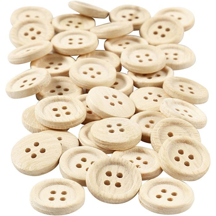 Houten knopen, d 18 mm, 4 gaten, 40stuk/ 1 doos