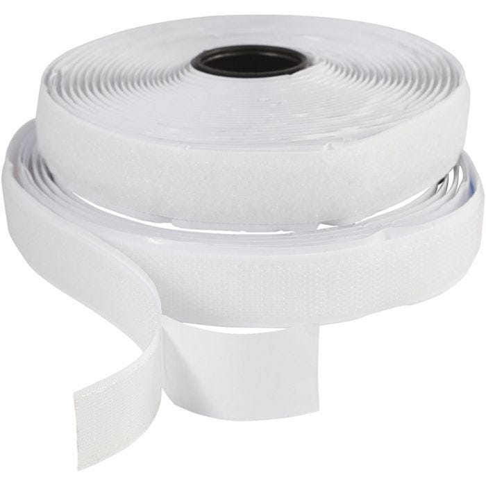 Klitteband haak en lussluiting, zelfklevend, B: 20 mm, wit, 5 m/ 1 rol