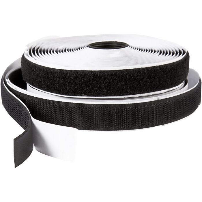 Klitteband haak en lussluiting, zelfklevend, B: 20 mm, zwart, 5 m/ 1 rol