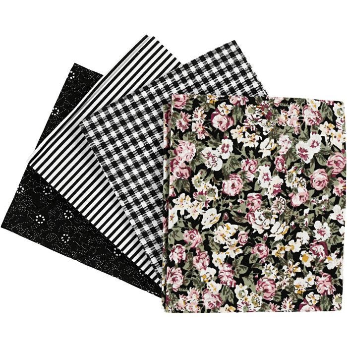 Patchwork stof, afm 45x55 cm, 100 gr, zwart, 4 stuk/ 1 bol