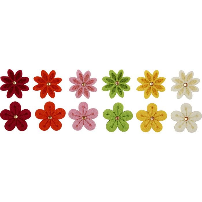 Bloemen van vilt met strassteen, d 30 mm, dikte 2,5 mm, 12 stuk/ 1 doos