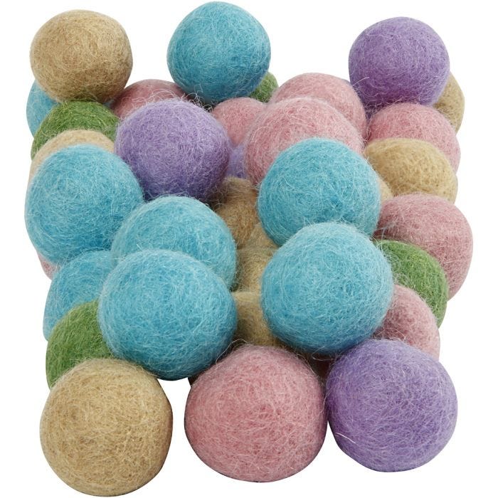Wol kralen, 20 mm, pastelkleuren, 64stuk/ 1 doos