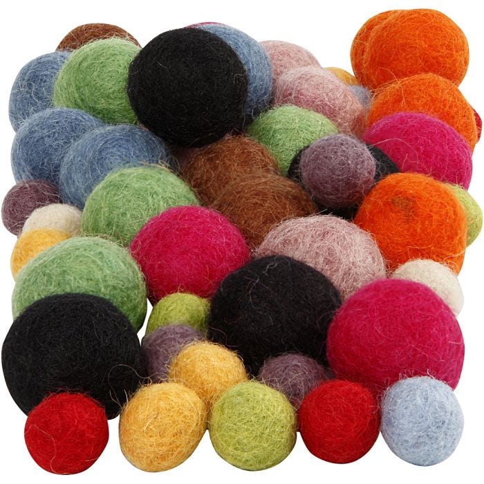 Wol kralen, 10+20 mm, diverse kleuren, 52stuk/ 1 doos