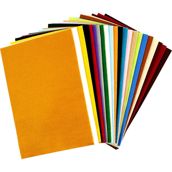 Hobbyvilt, vel 20x30 cm, dikte 1,5 mm, 180-200 gr, diverse kleuren, 24 div vellen/ 1 doos