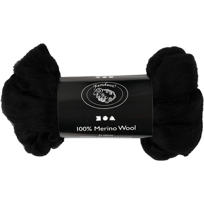 Merino Wol, 21 my, zwart, 100gr/ 1 doos