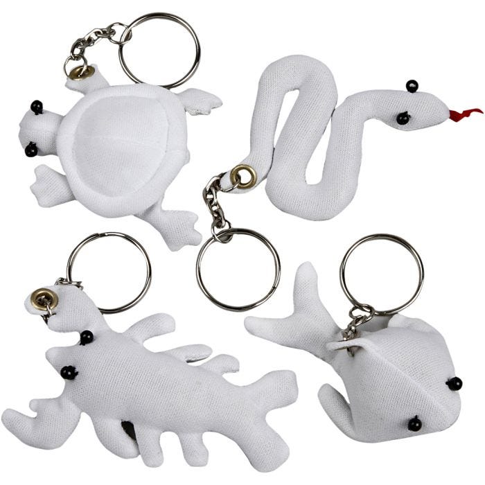 Figuren van textiel met sleutelhanger, afm 4-8 cm, wit, 4 stuk/ 1 doos