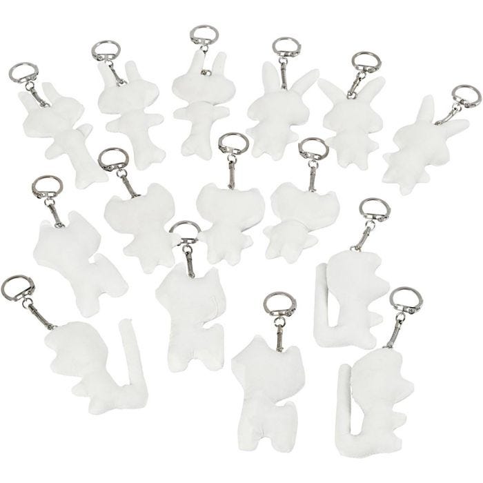 Figuren van textiel met sleutelhanger, afm 6-10 cm, wit, 15 stuk/ 1 doos