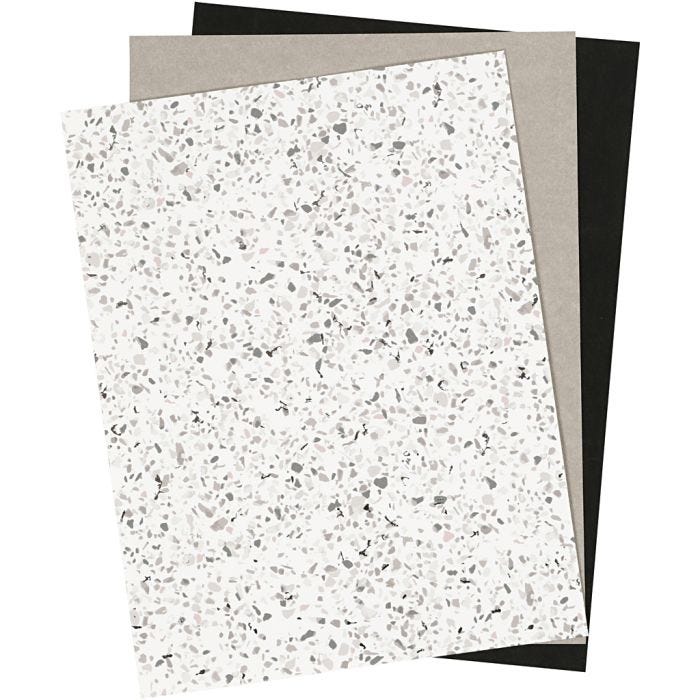 Faux Leather Papier, vel 21x27,5+21x28,5+21x29,5 cm, dikte 0,55 mm, unikleurig,met folie,bedrukt, 3 vel/ 1 doos