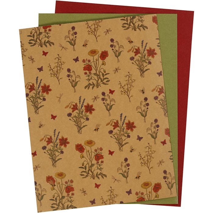Faux Leather Papier, vel 21x27,5+21x28,5+21x29,5 cm, dikte 0,55 mm, unikleurig,bedrukt, naturel, groen, rood, 3 vel/ 1 doos