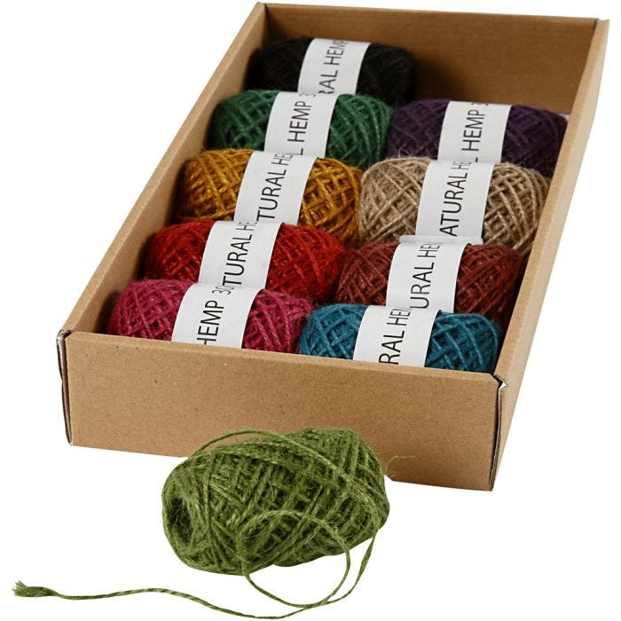 Natuurlijk hennep, dikte 1-2 mm, diverse kleuren, 10x30 m/ 1 doos