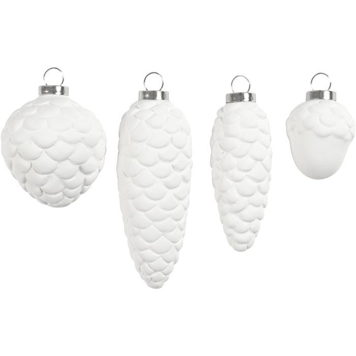 Hangende ornamenten, H: 3,5+5+6,6+8,5 cm, d 2,5+3+4,5 cm, wit, 4stuk/ 1 doos