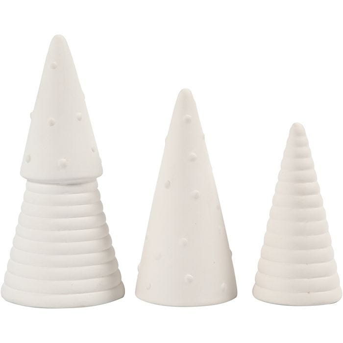 Kerstbomen, H: 10+12+15 cm, d 5+6+7 cm, wit, 3 stuk/ 1 doos