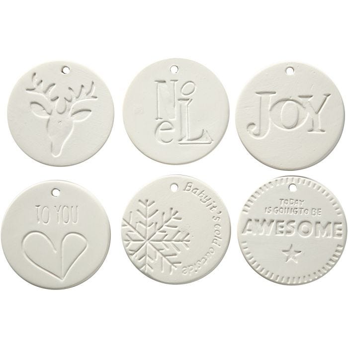Ornamenten om te hangen, afm 7x7 cm, dikte 0,6 cm, wit, 6 stuk/ 1 doos